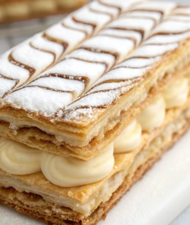 Un mille-feuille classique composé de couches de pâte feuilletée dorée, garnies de crème pâtissière onctueuse et recouvertes d’un glaçage blanc décoré de lignes de chocolat.