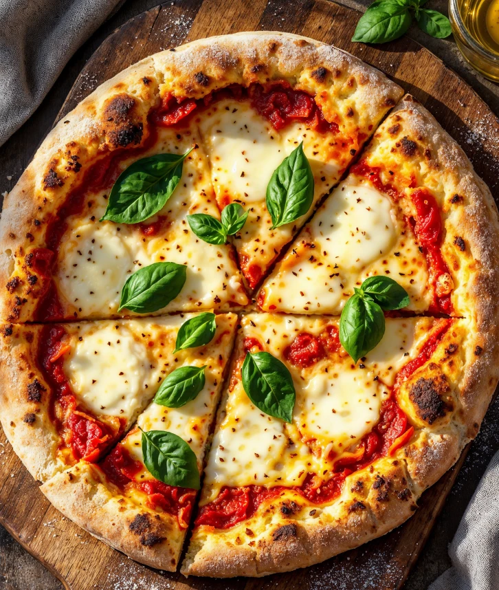 Une pizza Margherita fraîchement cuite, garnie de sauce tomate, de fromage mozzarella fondant et de feuilles de basilic frais, servie sur une planche en bois.