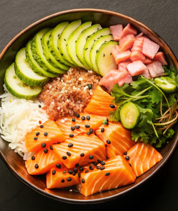 Un bol de poke composé de tranches de saumon frais joliment disposées et garnies de graines de sésame noir, de thon en dés, de tranches de concombre, de riz blanc, de riz brun avec des graines de sésame et de verdures fraîches, le tout présenté sur une surface foncée.