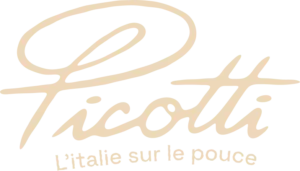 Logo de Picotti, avec le nom écrit en lettres cursives stylisées et le slogan « L’Italie sur le pouce » en dessous.