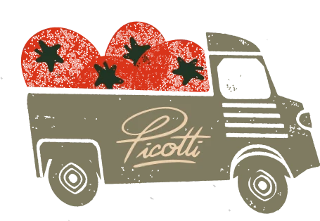 Un camion illustré avec le mot « Picotti » écrit sur le côté transporte dans sa benne de grosses tomates rouges avec des tiges vertes. Le dessin a un style simple, fait à la main, et un fond transparent.