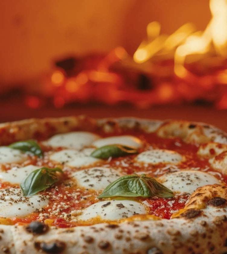 Une pizza Margherita cuite au feu de bois, garnie de sauce tomate, de mozzarella fondante et de feuilles de basilic frais, avec une croûte dorée et légèrement brûlée, devant un four à bois enflammé.