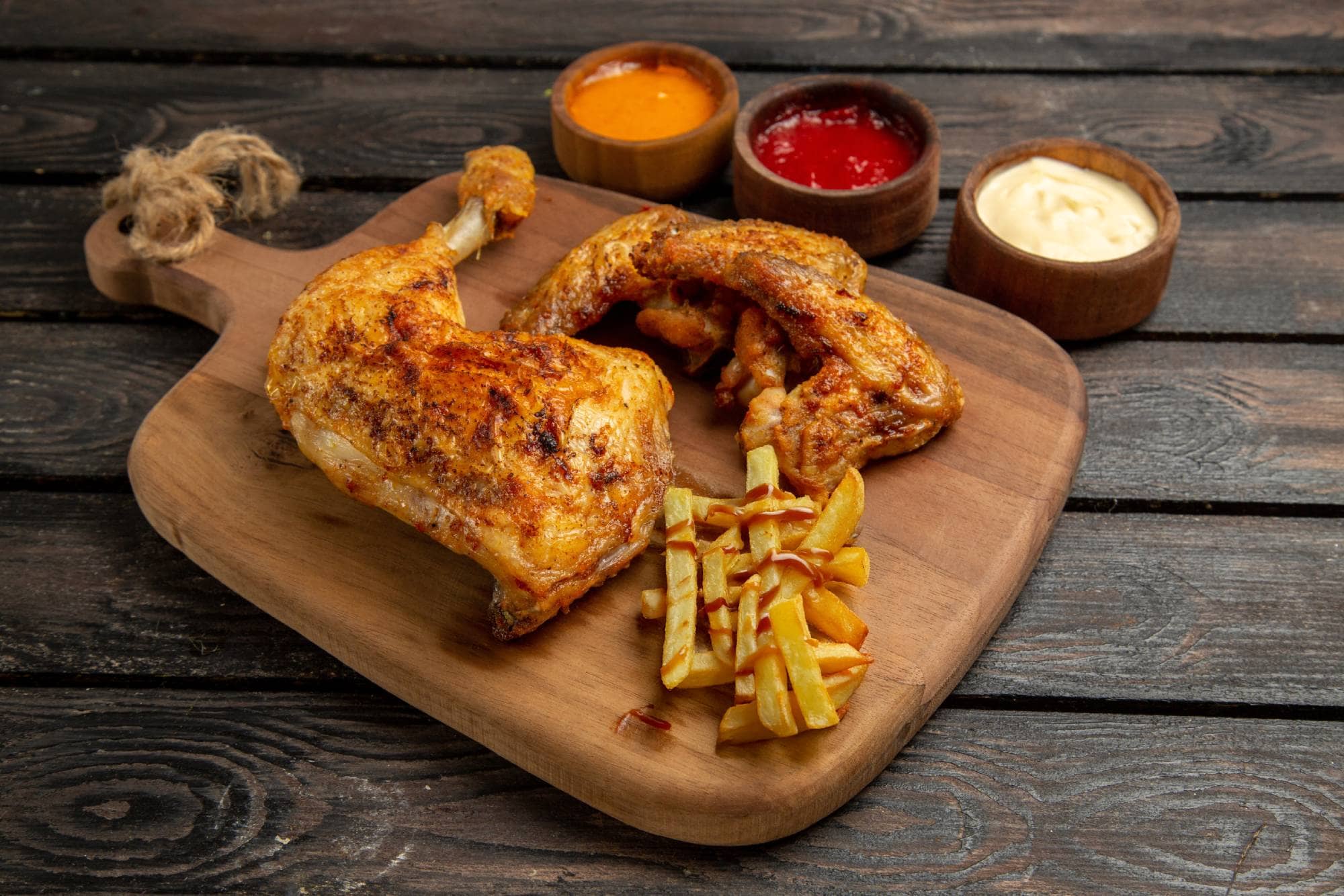 Vue rapprochée latérale de poulet, épices, bols, trois types de sauces, ailes et pilon de poulet avec frites, ketchup, sur une planche à découper, avec un fond sombre.