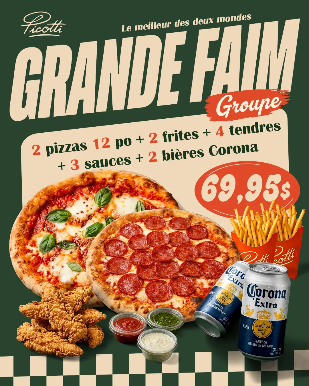 Grande Faim pour le groupe : deux pizzas 12 pouces, deux frites, quatre tendres, trois sauces et deux bières Corona — 69,95 $